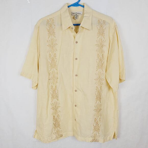 Tommy Bahama butter yellow linen tropical embroidered short sleeve button up L - Picture 1 of 7